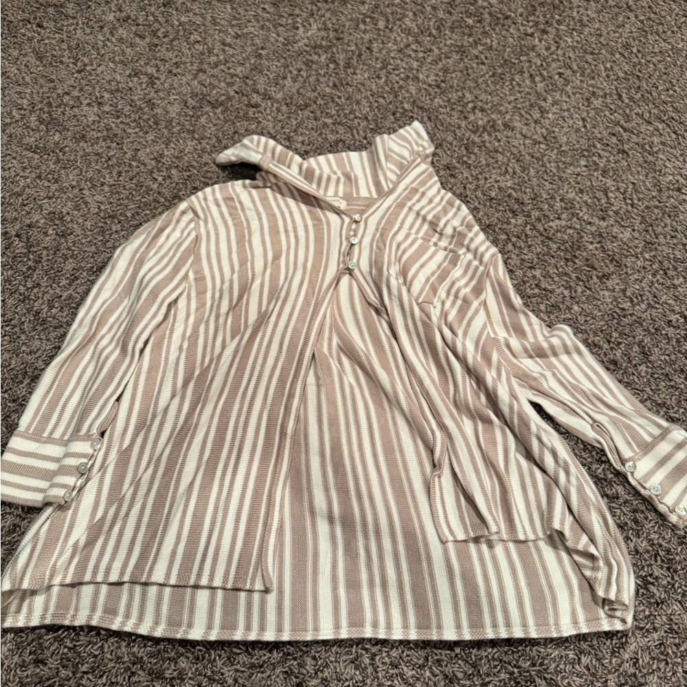 Striped Beige Button-Up Women's Top